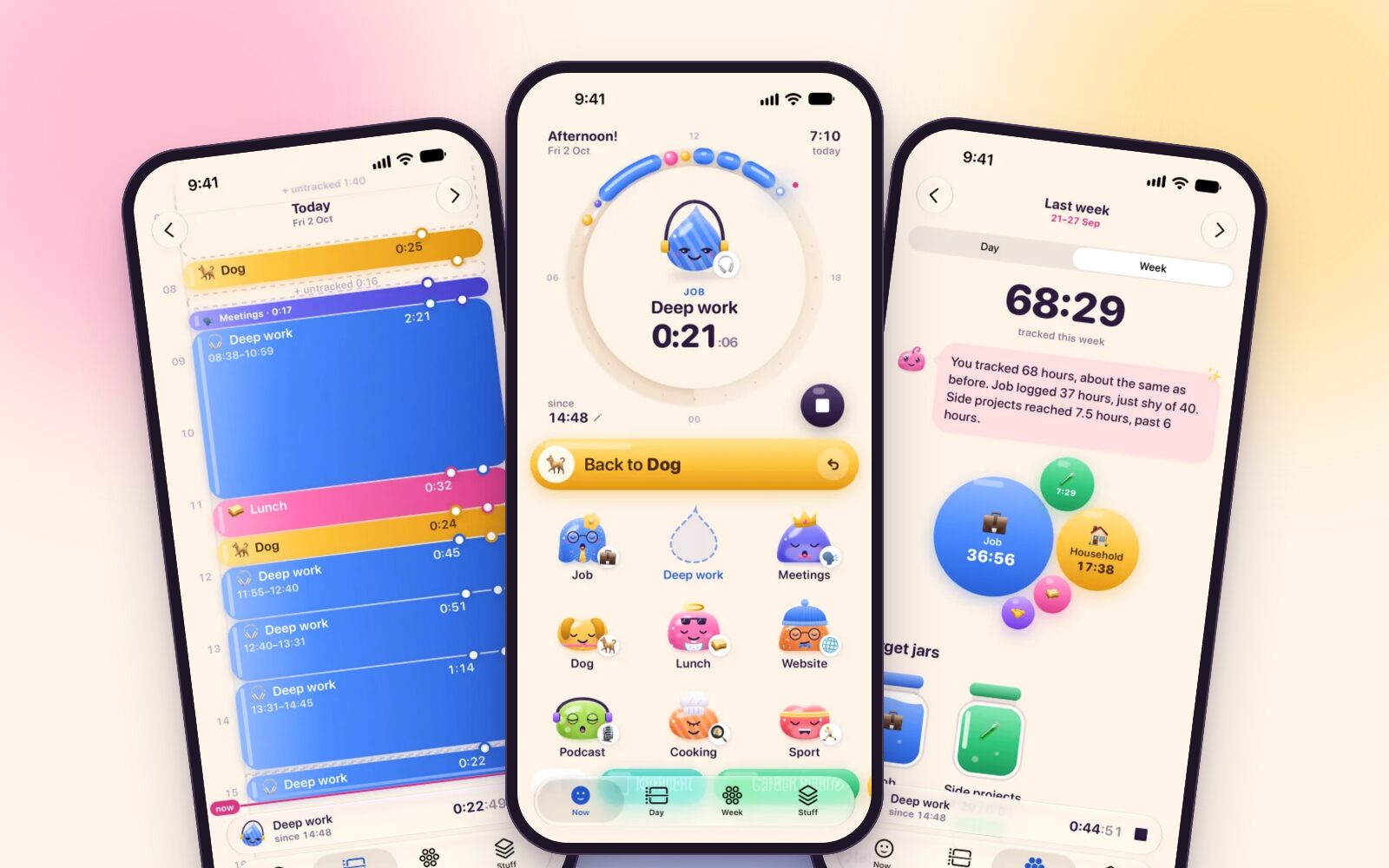 Hopwatch auf drei iPhones: der Tag als Zeitleiste, das laufende Jelly im Rad von heute und die Woche in Blasen