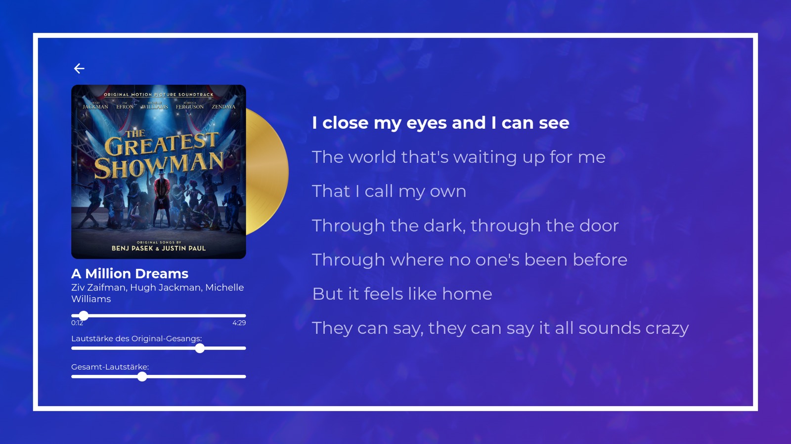 Karaoke app playing a track with synced lyrics