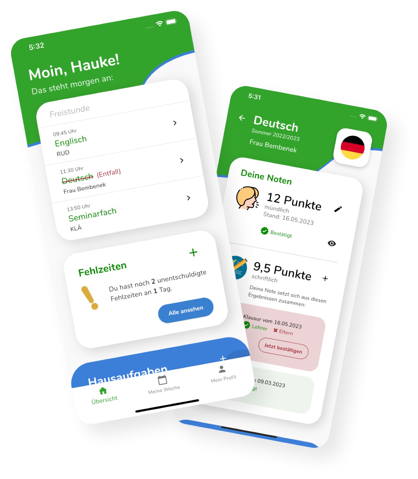Studienbuch app screens showing the day view, grades, and absences